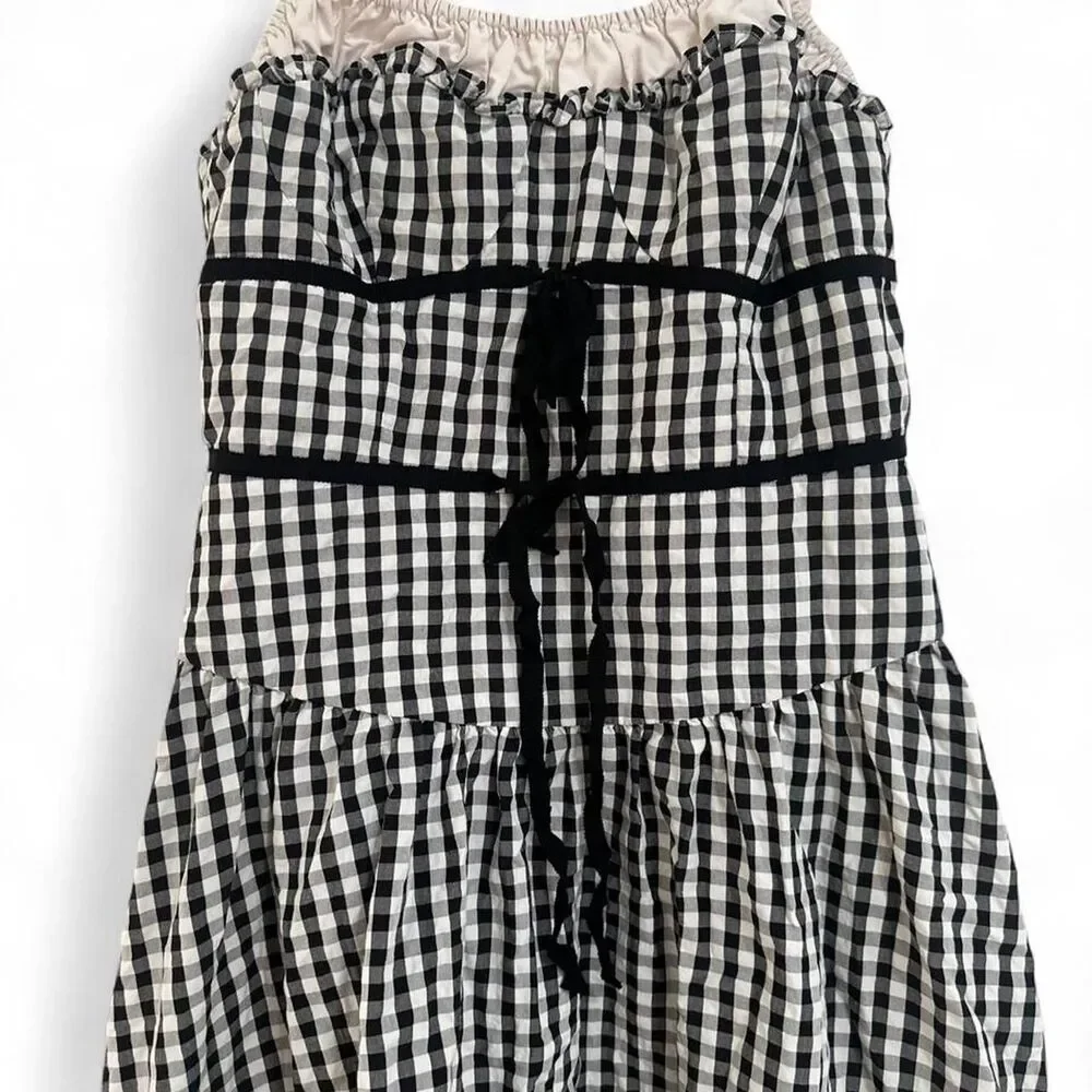 For Love and Lemons Gingham Midi Dress Black White Bow Tie Size S - Picture 4 of 7